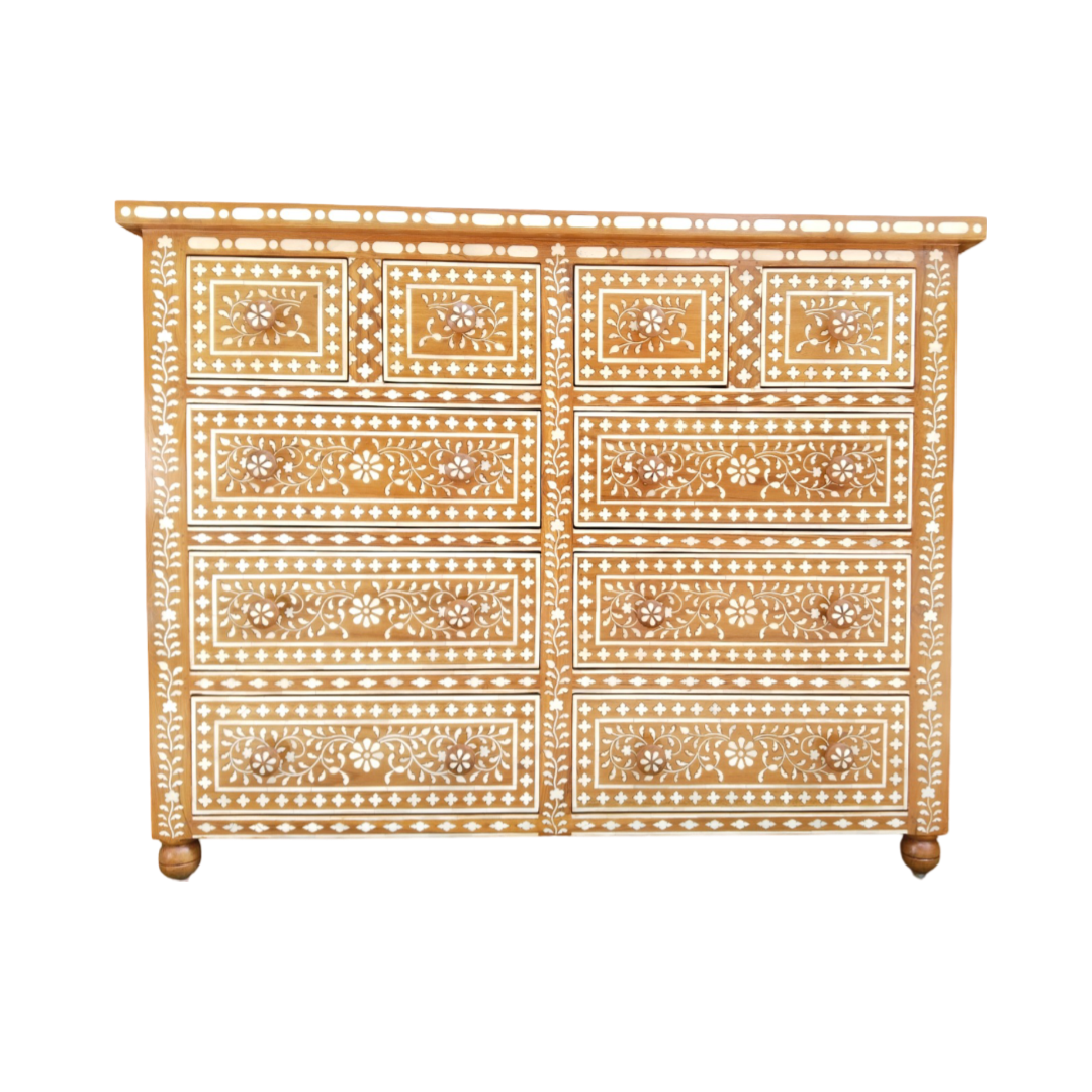 Handcrafted Antique Bone Inlay Chest of 10 Drawers