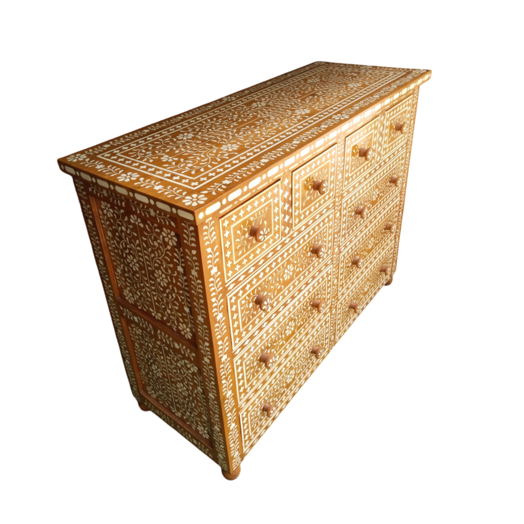 Handcrafted Antique Bone Inlay Chest of 10 Drawers