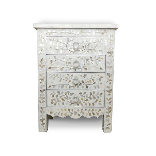 HANDMADE MOTHER OF PEARL INLAY BEDSIDE TABLE- Floral/White