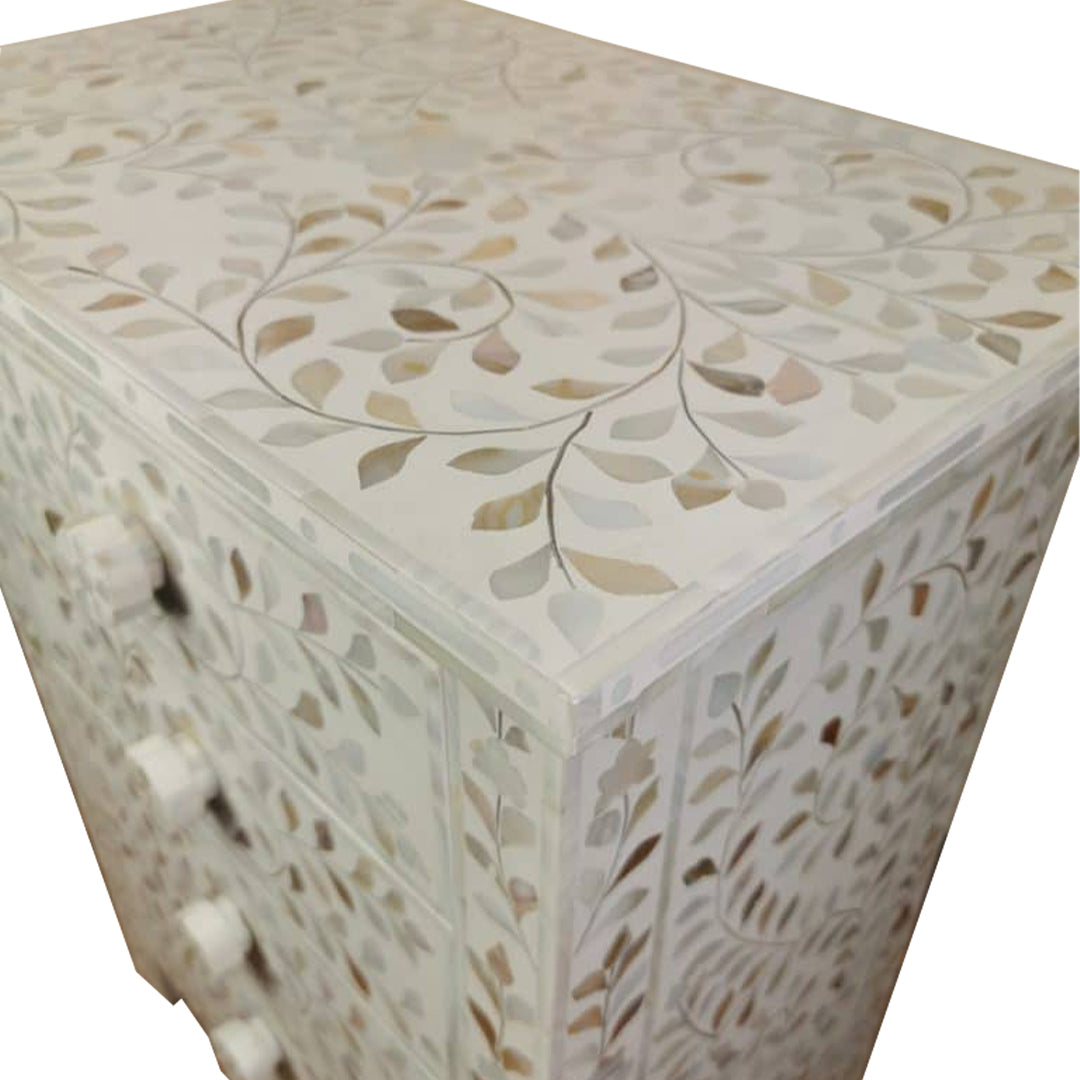 HANDMADE MOTHER OF PEARL INLAY BEDSIDE TABLE- Floral/White