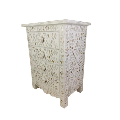 HANDMADE MOTHER OF PEARL INLAY BEDSIDE TABLE- Floral/White