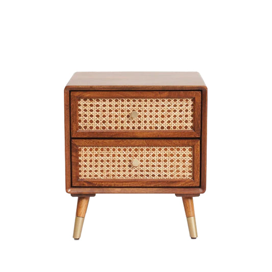 Wooden Rattan Cane Two Drawer Bedside Table