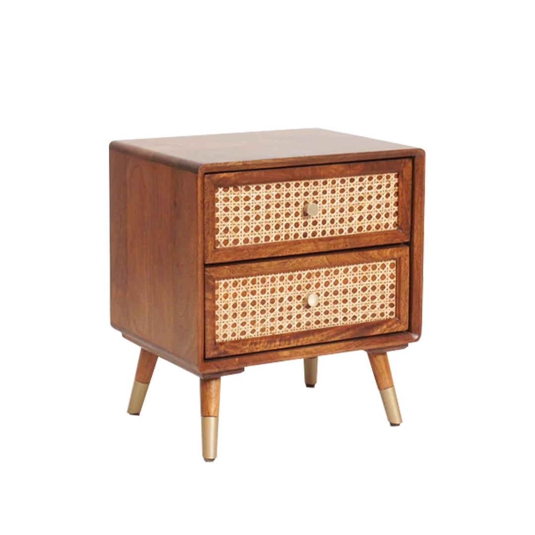 Wooden Rattan Cane Two Drawer Bedside Table