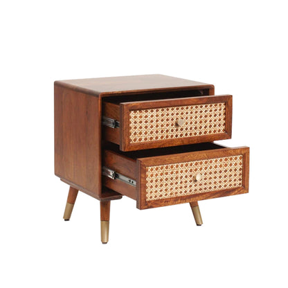 Wooden Rattan Cane Two Drawer Bedside Table