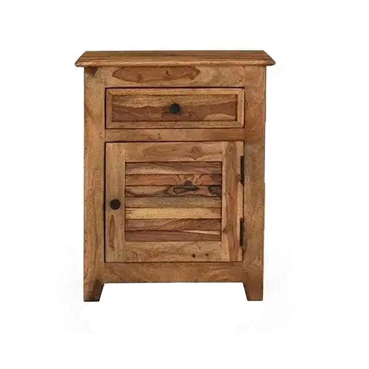 wooden bedside table with one door and one drawer , best for home decor , unique bedside