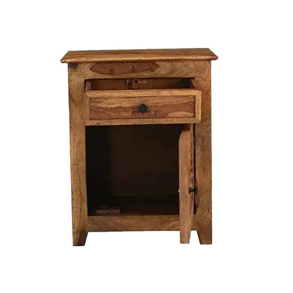 wooden bedside table with one door and one drawer , best for home decor , unique bedside