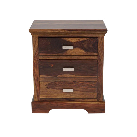 wooden bedside table with 3 drawers , best for home decor , unique bedside
