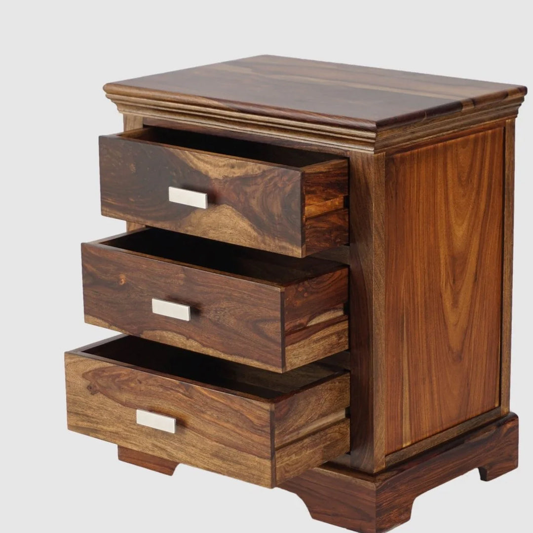 wooden bedside table with 3 drawers , best for home decor , unique bedside