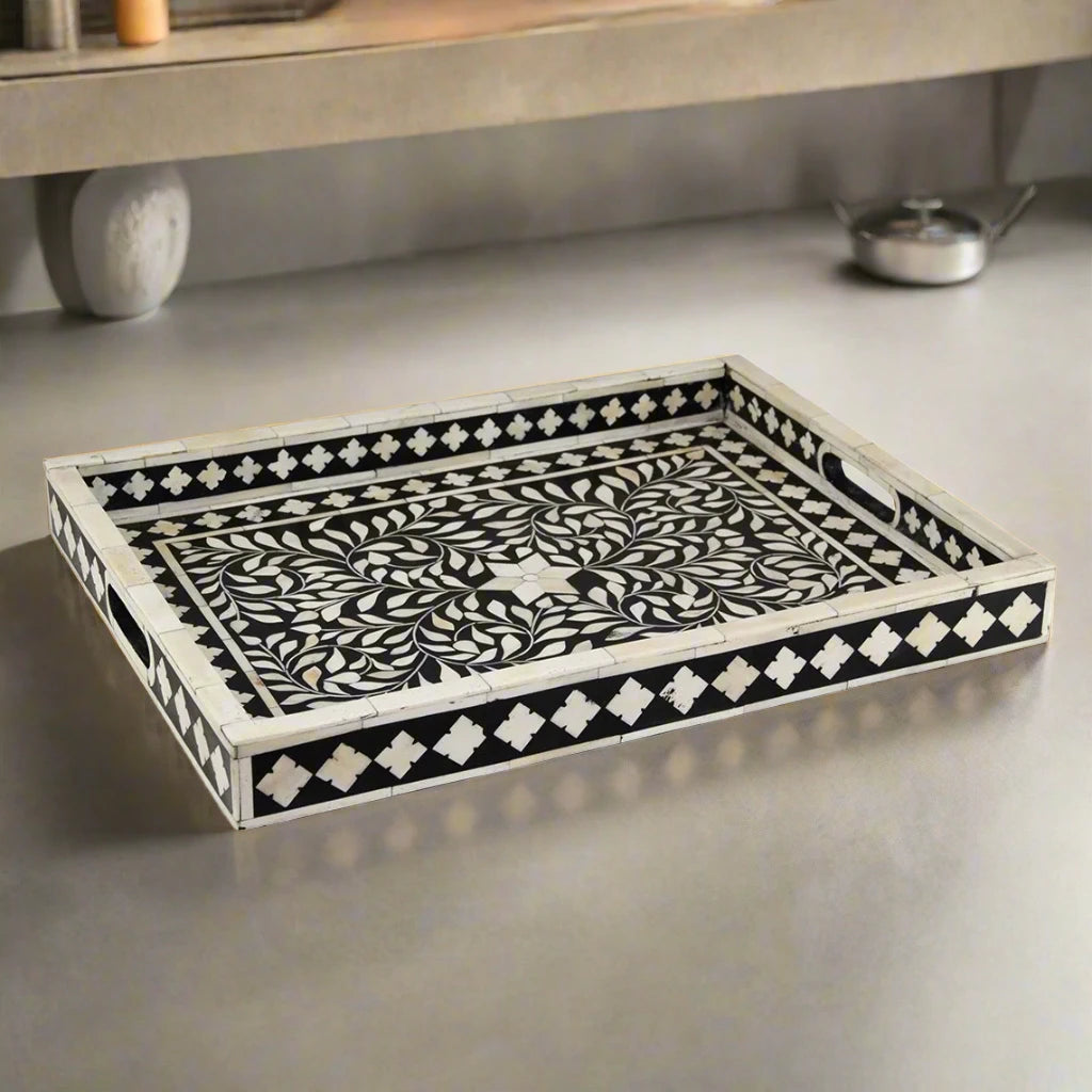 Handmade Bone Inlay Floral Pattern Black Rectangular Tray for Home Decor