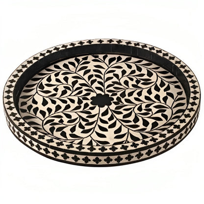 Bone Inlay Round Tray in Floral Design - Black