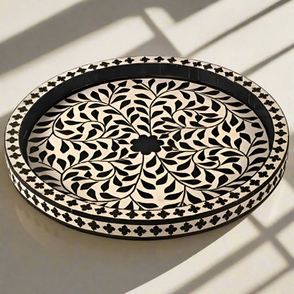 Bone Inlay Round Tray in Floral Design - Black