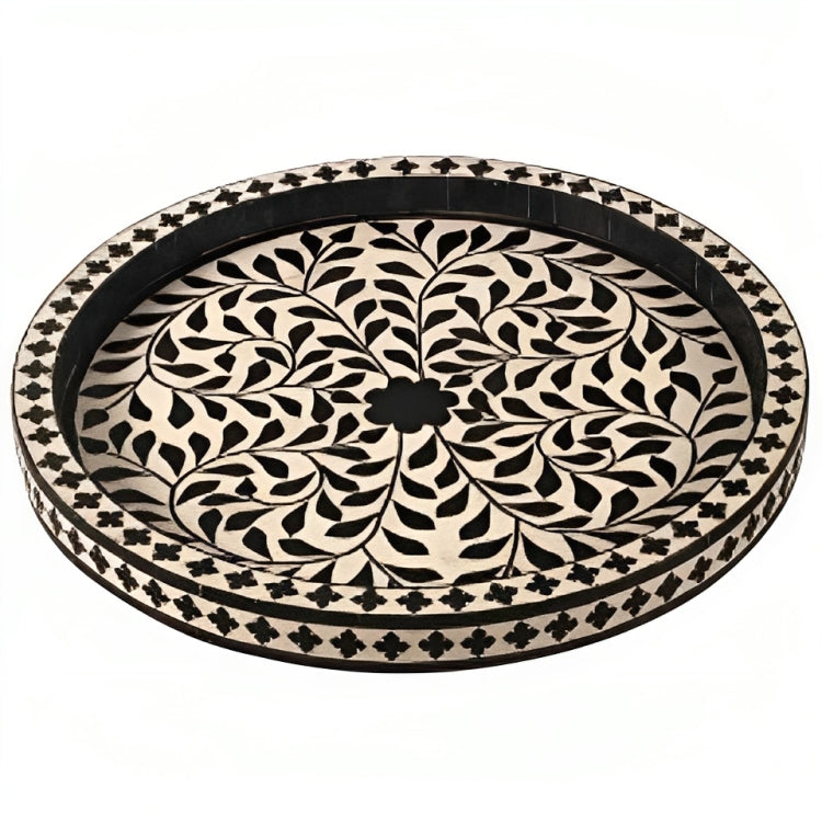 Bone Inlay Round Tray in Floral Design - Black