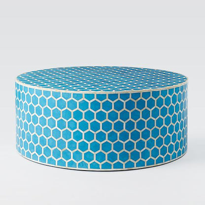 Geometric Honeycomb Pattern Bone Inlay Round Coffee Table - Turquoise
