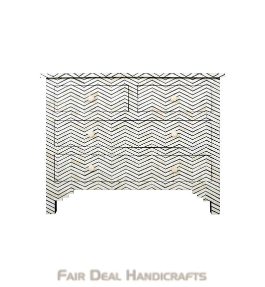 HANDMADE BONE INLAY CHEST OF 4 DRAWER IN BLACK CHEVRON DESIGN