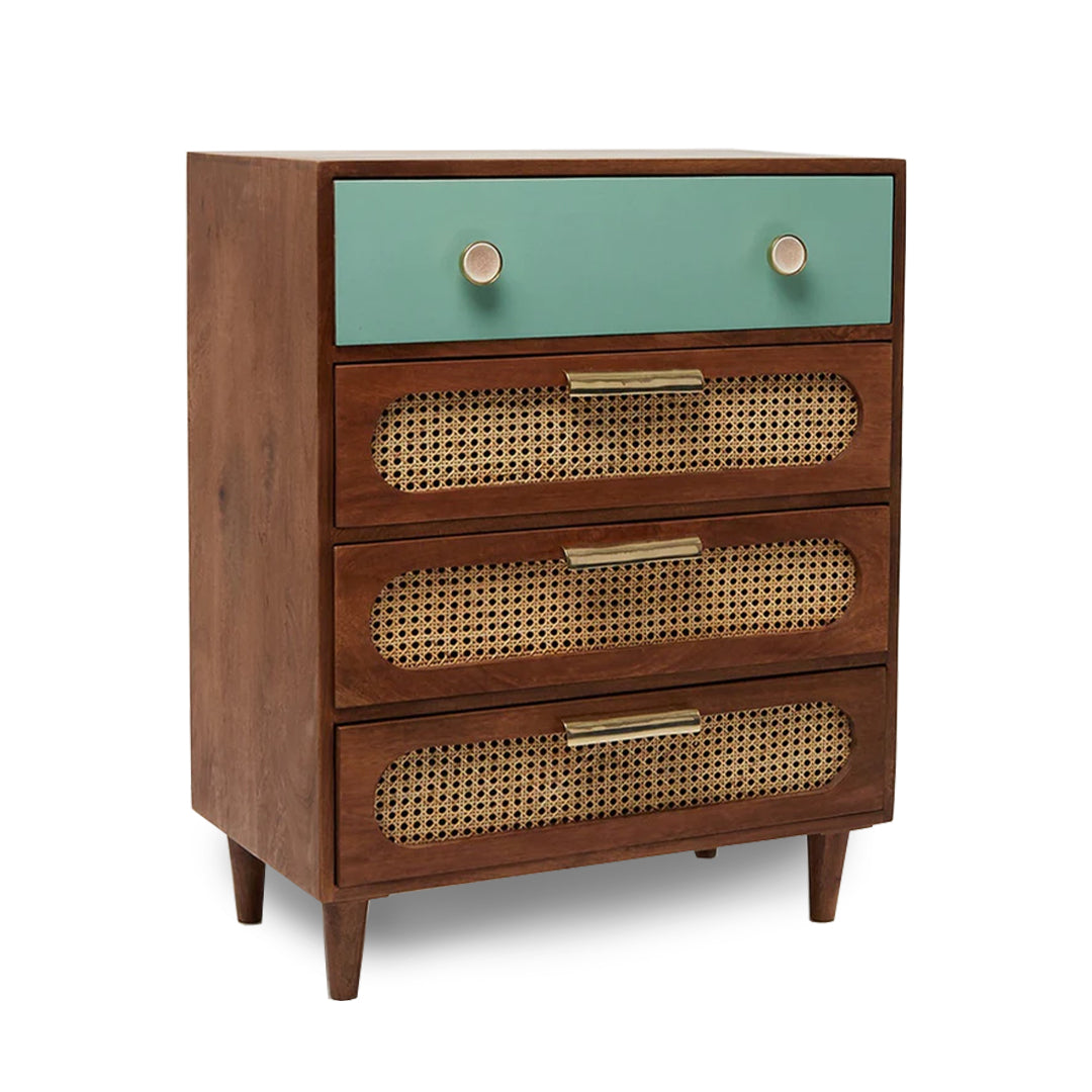 Classic 4-Drawer Wooden Chest / Cane Work Unique