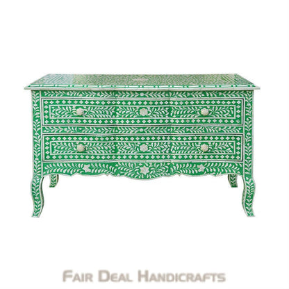 Handmade Green Bone Inlay Personalized Crafted Floral Vintage Chest of 2 Drawers