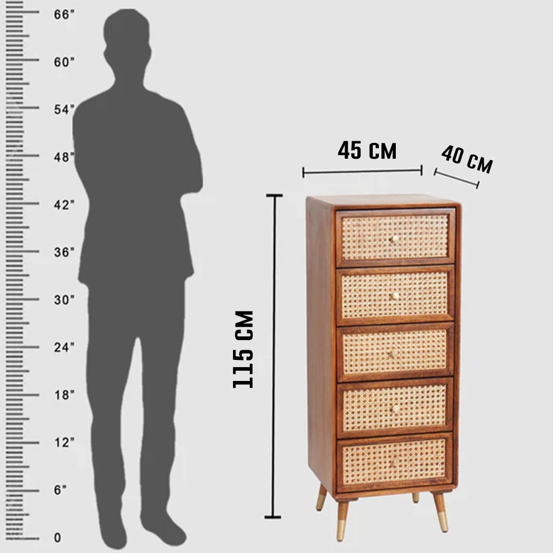 Classic 5-Drawer Wooden Chest / Cane Work-Tall Boy Dresser