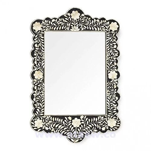 Bone Inlay Scalloped Black Mirror Frame with Complimentary Mirror