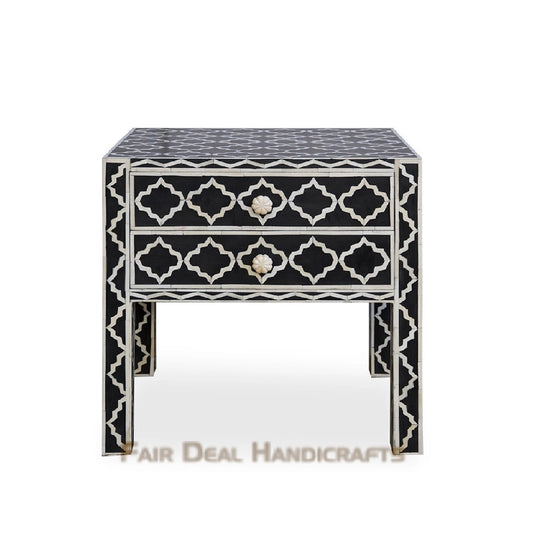 Handmade Bone Inlay Black Mughal Nightstand