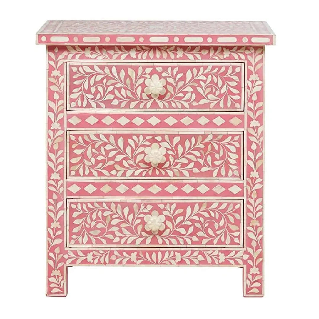 Handmade Bone Inlay Pink Floral Pattern Bedside
