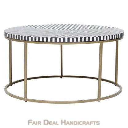 Geometric Black and White Striped Round Bone Inlay Coffee Table - Fairdeal Handicrafts