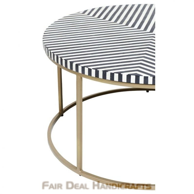 Geometric Black and White Striped Round Bone Inlay Coffee Table - Fairdeal Handicrafts