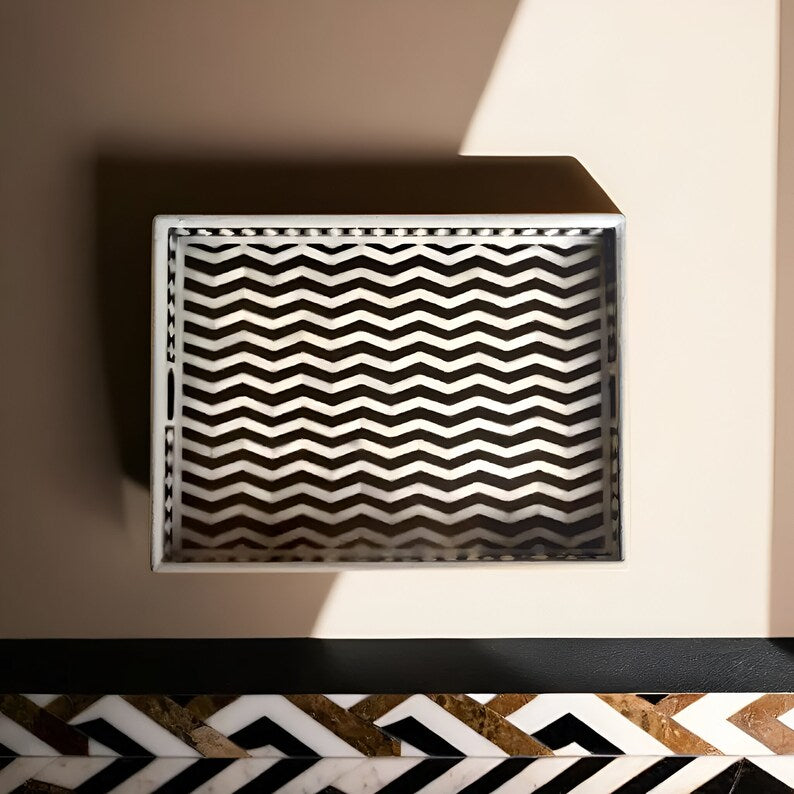 Bone Inlay Tray in zigzag Pattern Tray Design - Black