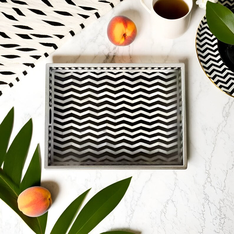 Bone Inlay Tray in zigzag Pattern Tray Design - Black