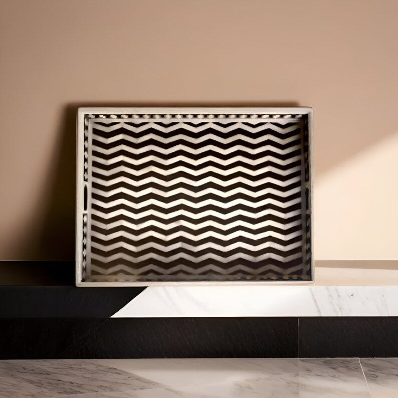 Bone Inlay Tray in zigzag Pattern Tray Design - Black
