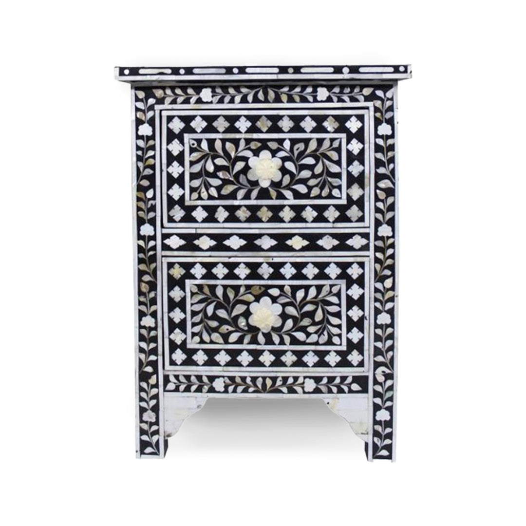 HANDMADE  MOTHER OF PEARL INLAY BEDSIDE TABLE- Floral/Black