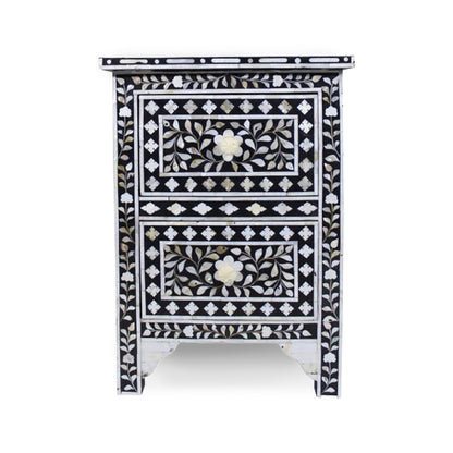 HANDMADE  MOTHER OF PEARL INLAY BEDSIDE TABLE- Floral/Black