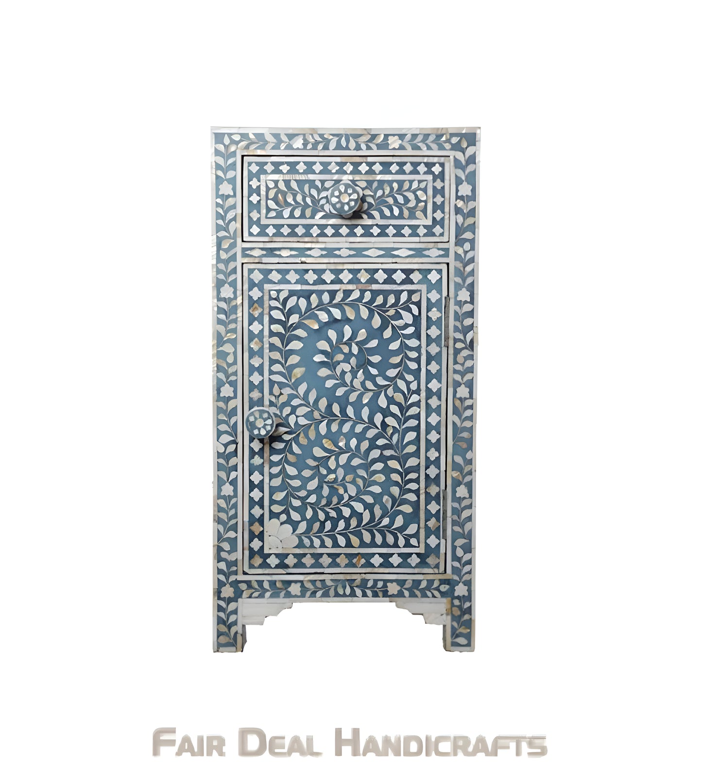 HANDMADE FLORAL PATTERN BLUE MOTHER OF PEARL INLAY BEDSIDE TABLE