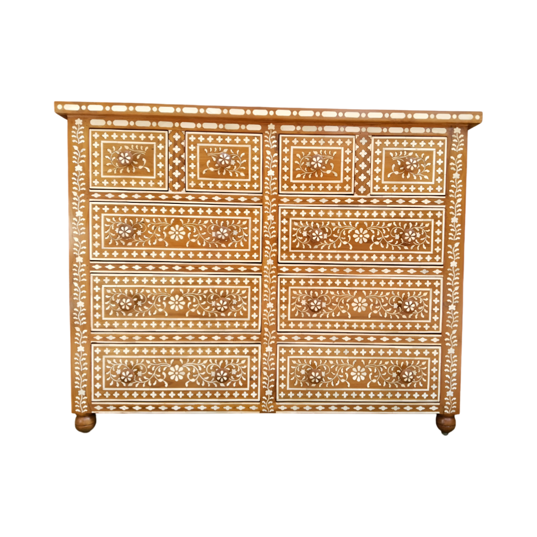 Handcrafted Antique Bone Inlay Chest of 10 Drawers