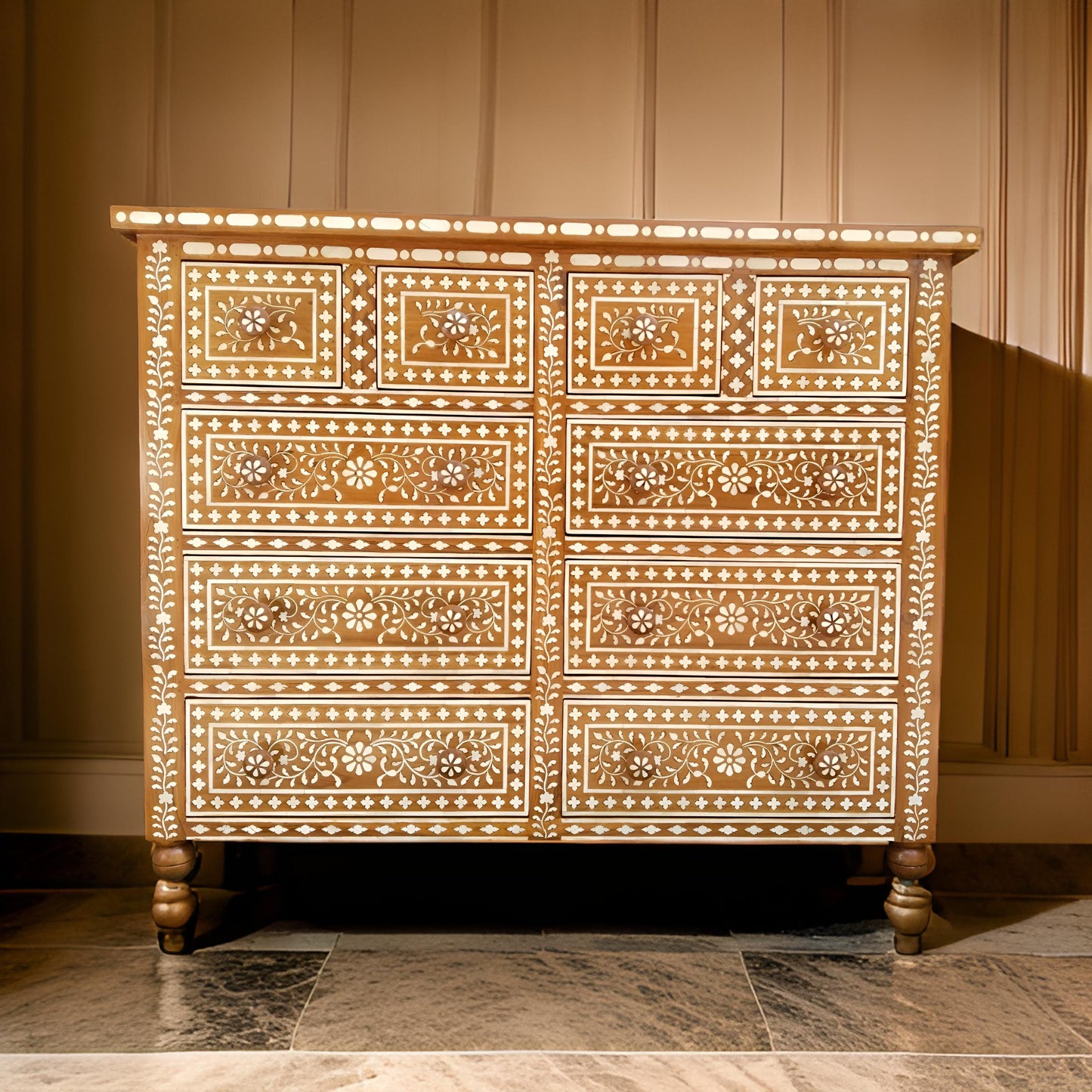 Handcrafted Antique Bone Inlay Chest of 10 Drawers