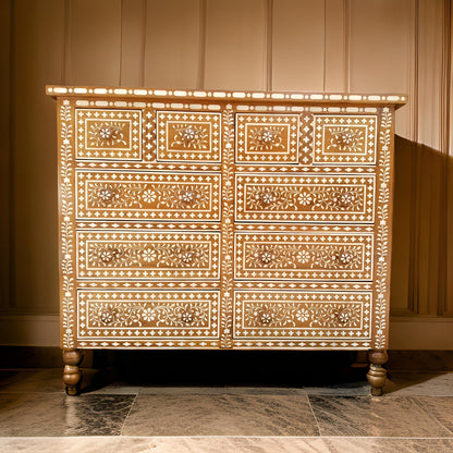 Handcrafted Antique Bone Inlay Chest of 10 Drawers