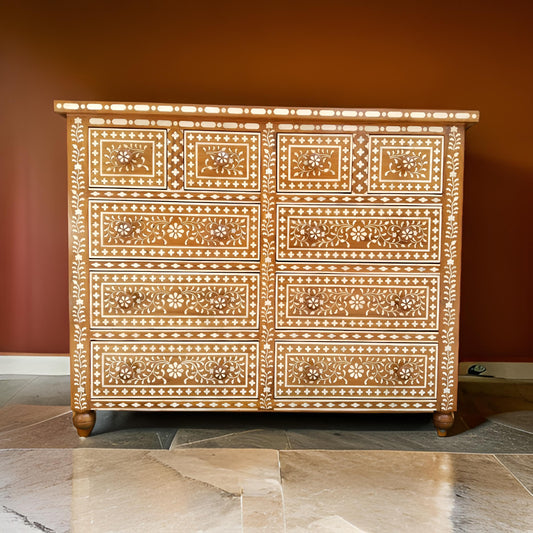 Handcrafted Antique Bone Inlay Chest of 10 Drawers