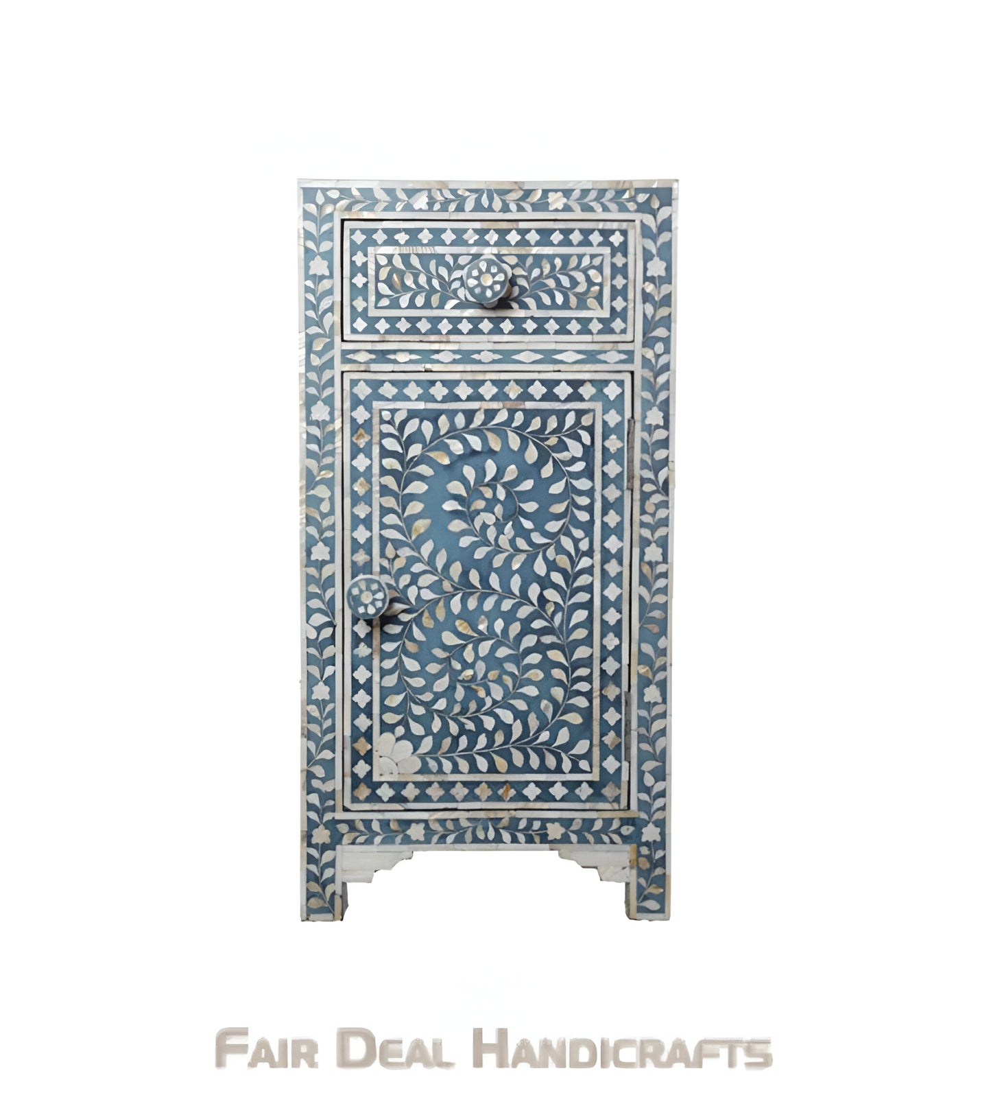 HANDMADE FLORAL PATTERN BLUE MOTHER OF PEARL INLAY BEDSIDE TABLE