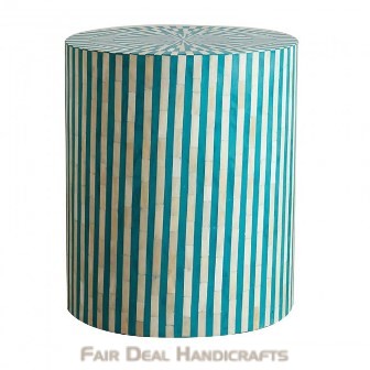 HANDMADE TURQUOISE BLUE BONE INLAY ROUND STOOL IN STRIPE PATTERN